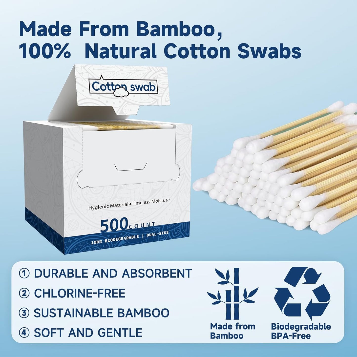 500 Count Cotton Swabs, Bamboo Cotton Swab for Eye Ears Oil Makeup, Lint Free Double Tipped Natural Cotton Buds, Cleaning with Wood Handle Remove Dust and Dirt (Pack of 1))
