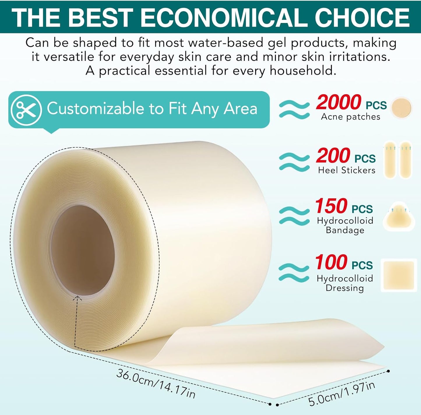 2Pack Hydrocolloid Roll for Wound Care (2IN X11.8FT), Medical Grade Self-Adhesive Hydrocolloid Patch Bandages for Wound Healing,Ultra-Thin & Waterproof, Scar Prevention, Burn Care