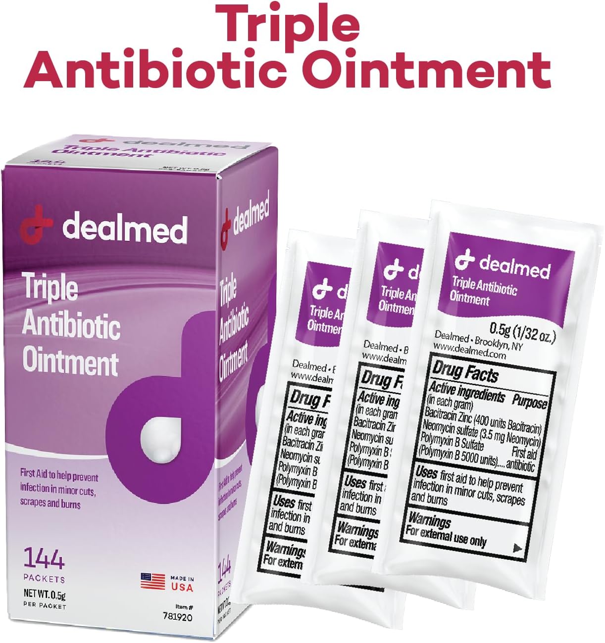 Dealmed Triple Antibiotic Ointment – Made in The USA, Single-Use Packets for Instant Relief from Cuts, Scrapes and Burns, 144 Packets/Box (.5g) - Pack of 1