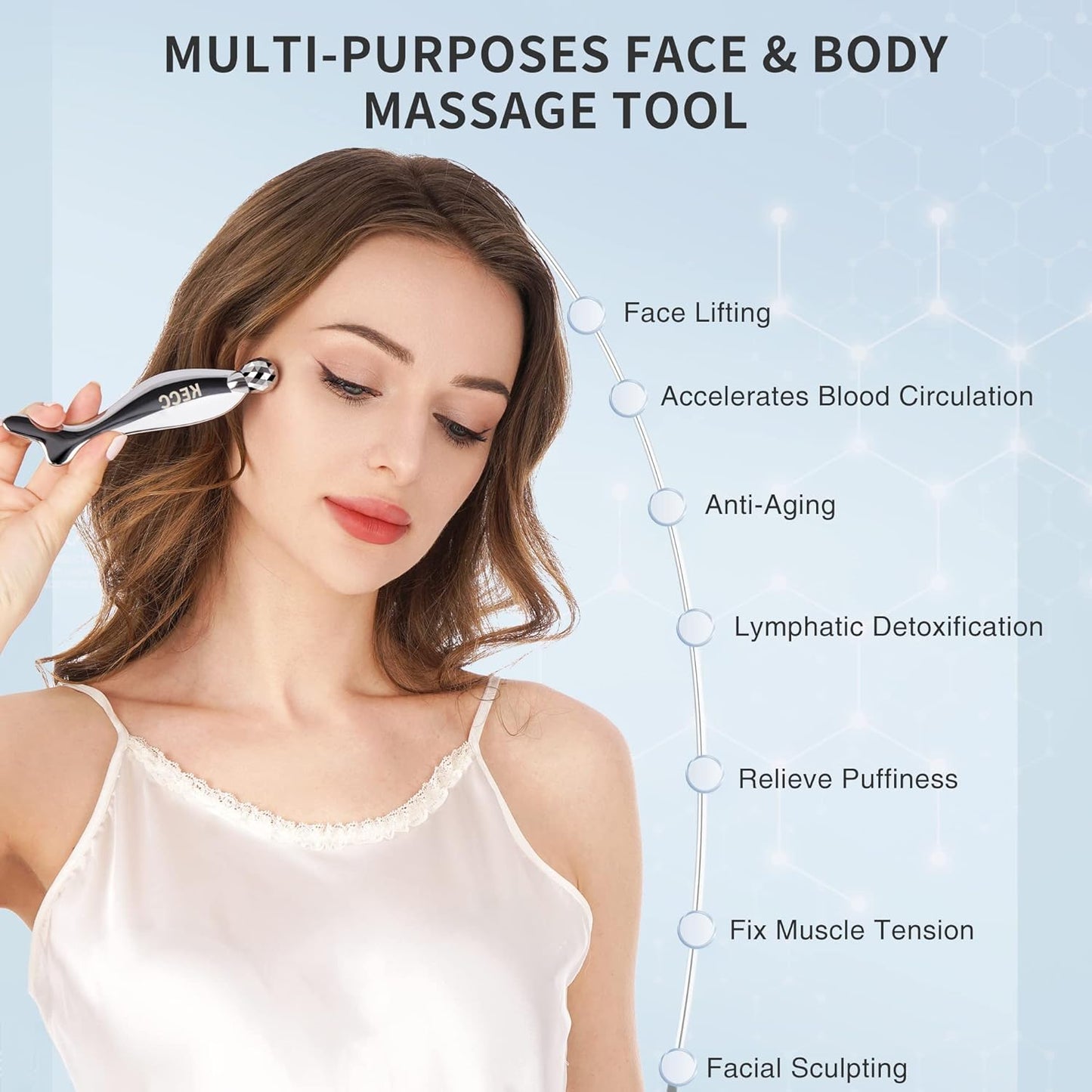 KECC Gua Sha Facial Massager (Fishtail),Stainless Steel Cold Roller Sticks for Face Eyes,Crescent Line Chin Lift Tightening Skin Tool, 4 Edges Drainage Sculpting Beauty Tool