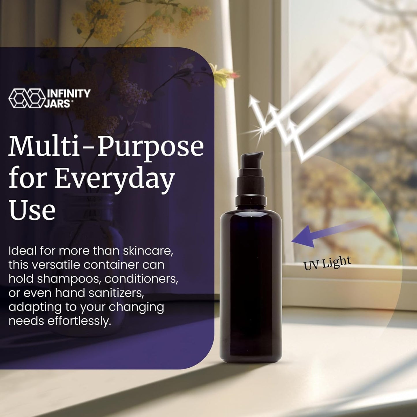 Infinity Jars Ultraviolet Glass Push Pump Bottle 100 Ml (3.4 fl oz) Refillable Containers for Lotion Homemade Cosmetics Make-up Skin Care Cream, Lotion, Shampoo, Conditioner Dispenser Bottles