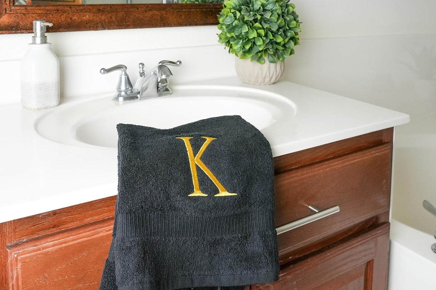 Black Monogrammed Hand Towels for Bathroom - Black and Gold Luxury Hotel Quality Personalized Initial Decorative Embroidered for Powder Room, Spa-GOTS Organic Certified - Pack of 2, Letter K