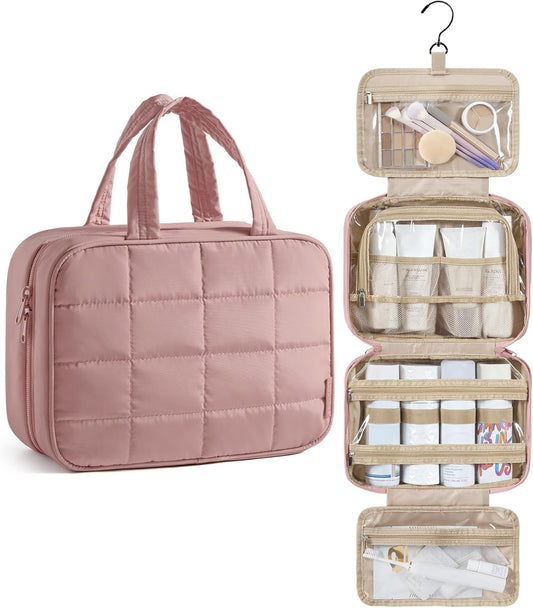 BAGSMART Travel Toiletry Bag for Womne, Hanging Travel Bag for Toiletries, Puffy Makeup Cosmetic Bag Organizer, Carry-on Travel Accessories Essentials, Dark Pink