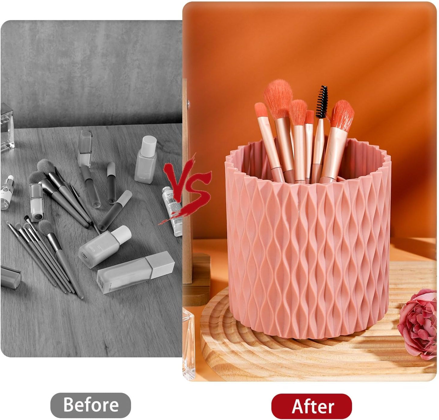 Pink 360° Rotating Makeup Organizer, Spinning Makeup Brush Holder, Unique Textured Makeup Brush Cups for Vanity Decor, Lipstick Holder for Bathroom Counter, Desk Storage Container