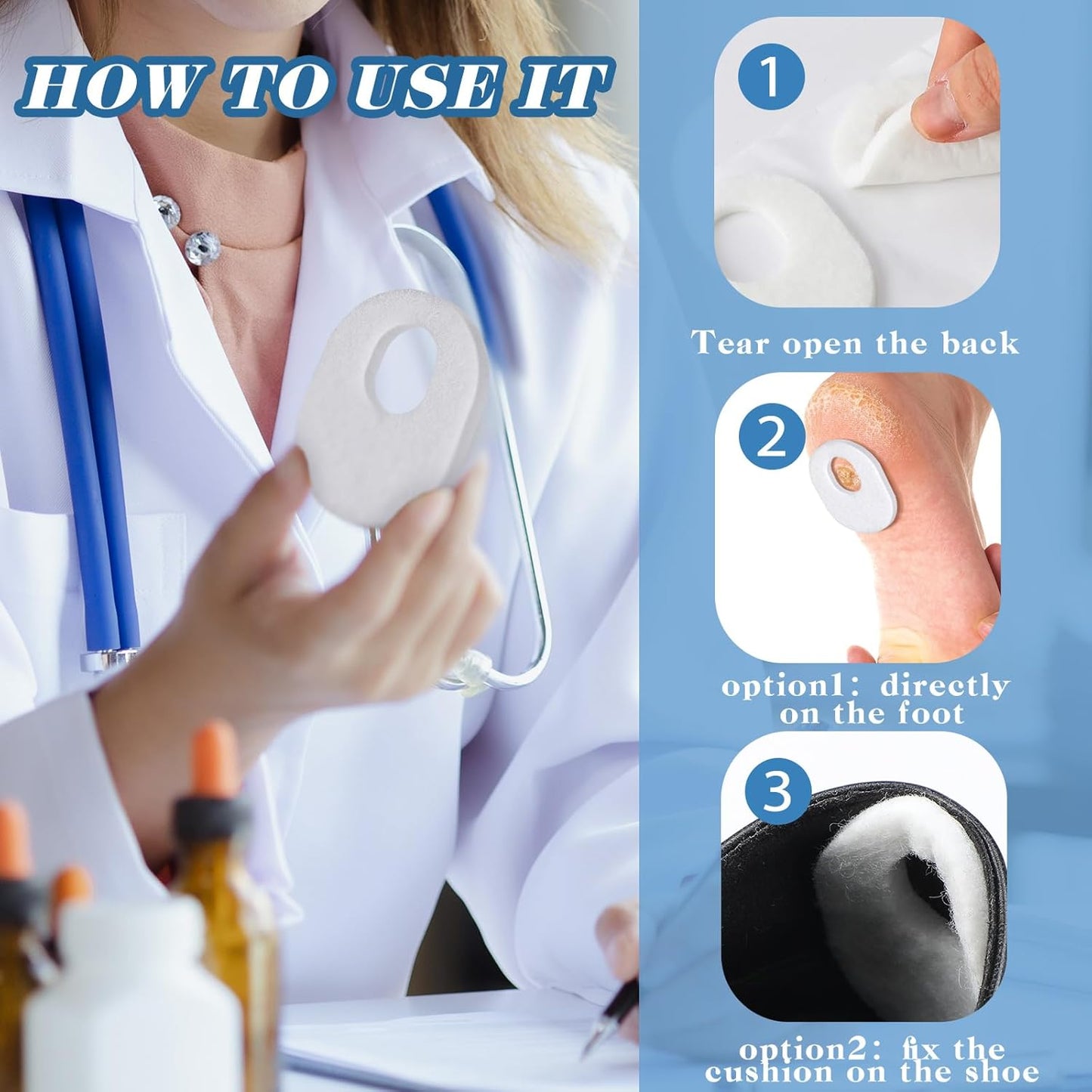 WILLBOND 48 Pack Callus Pads Soft 1/4" Thick Oval Shape Corn Pads 1/8" Felt Callus Cushions Adhesive Corn Protectors for Men Women Feet Toes Pain Relief(White, 1/4 Inch)