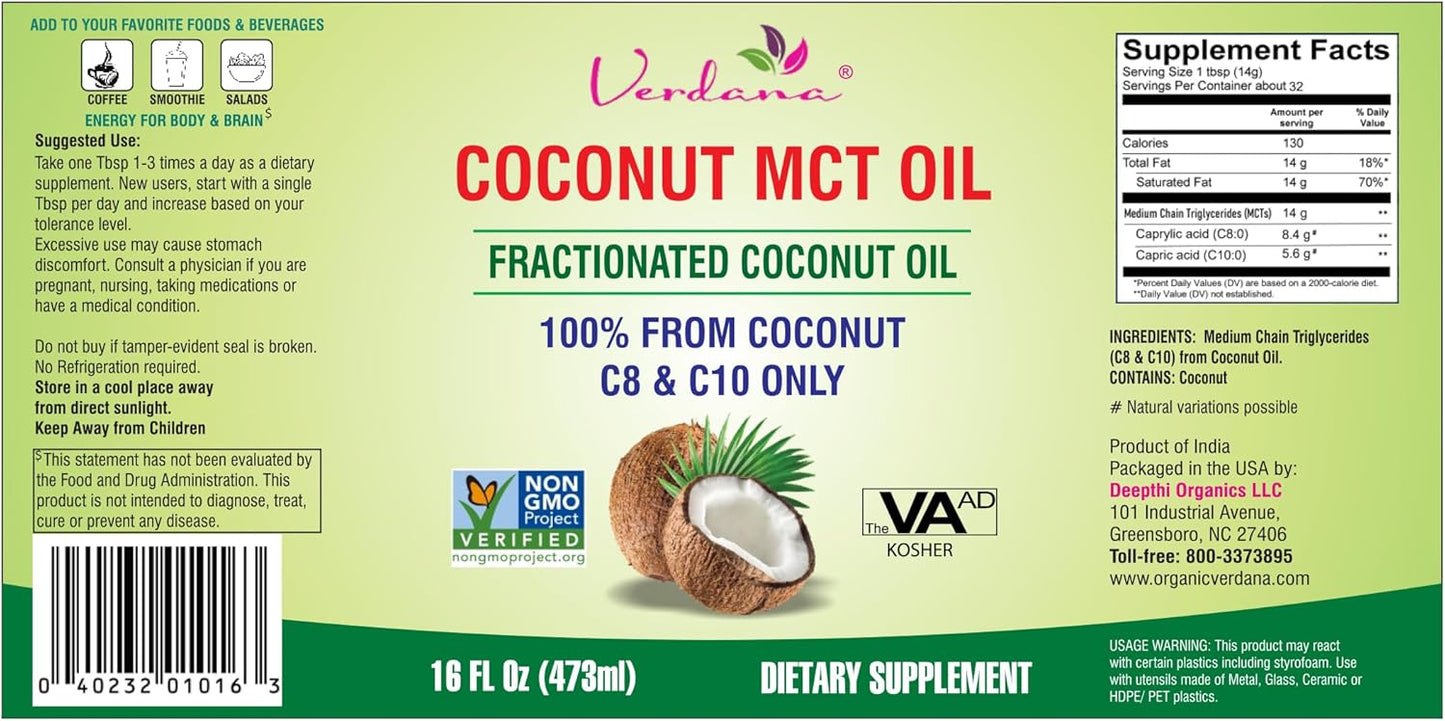 Verdana MCT Oil – 16 Fl Oz Dietary Supplement – 100% Coconut Derived, Fractionated, Food Grade – for Oil Pulling, Keto Coffee, Oral Rinse, Massage & Aromatherapy – Vegan, Non-GMO, Kosher