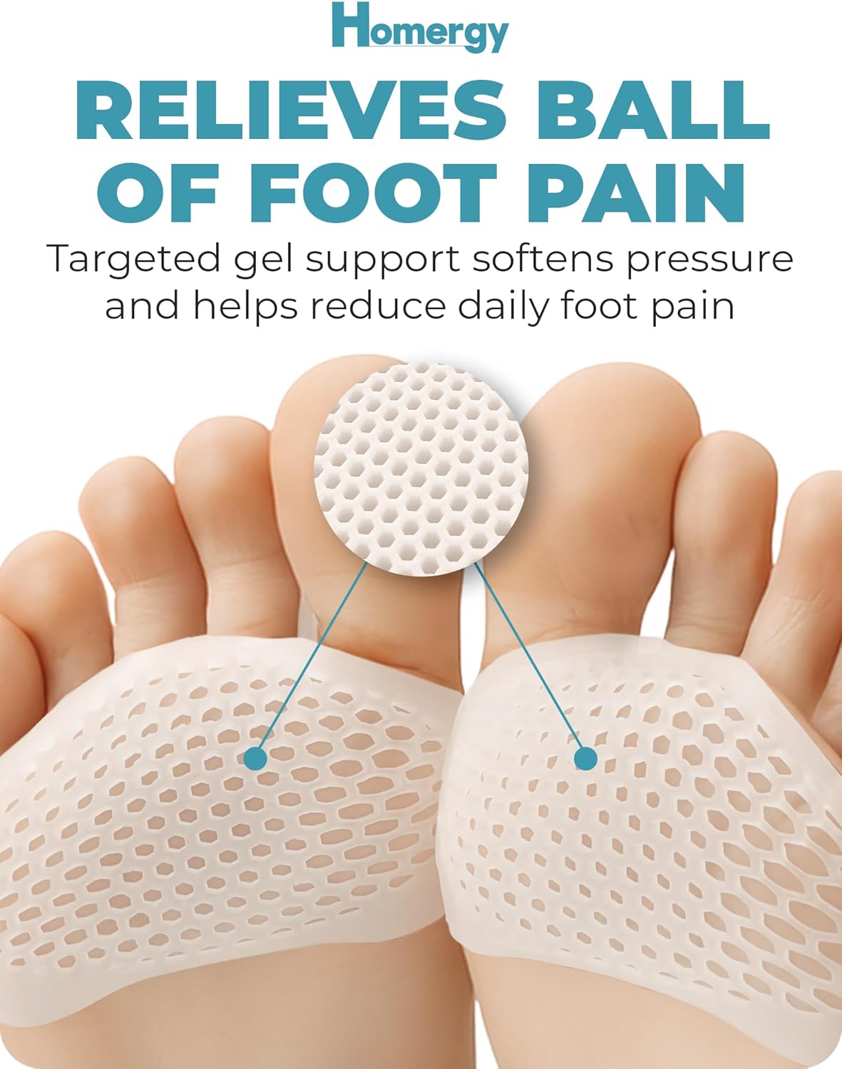 Homergy Metatarsal Foot Pads - Soft Gel Ball of Foot Cushions for Pain Relief, Ultra-Thin Sleeve Design, Stays in Place, Breathable & Reusable - Fits Heels, Flats, Sneakers (4 Pads / 2 Pairs)