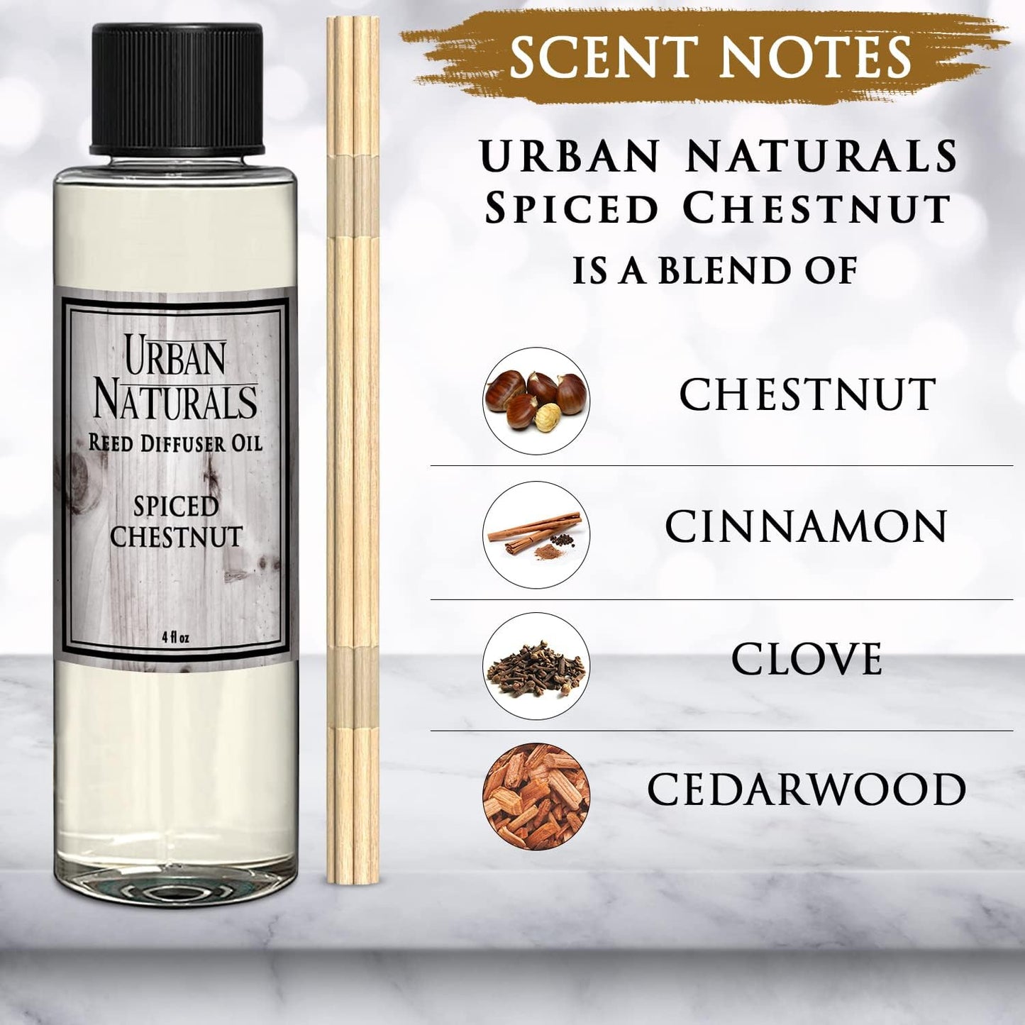 Urban Naturals Spiced Chestnut Oil Reed Diffuser Refill with Free Set of Reed Sticks – Comforting Autumn Scent of Chestnuts, Cinnamon, Clove and Cedar Wood – Vegan, 4 oz, Made in The USA