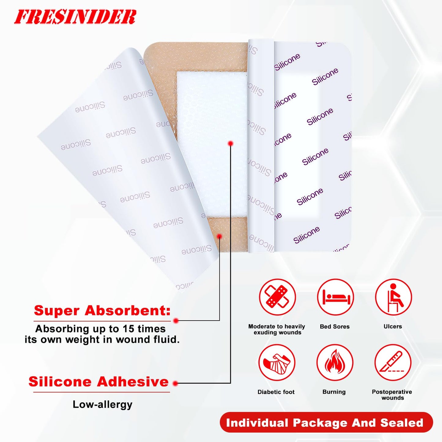 FRESINIDER Silicone Foam Dressing with Adhesive Border – Wound Dressing Bandage – Silicone Foam Pad – Pack of 10 – 5 x 5 Inches Large Waterproof Bandages – Self Adhesive Wound Care and Dressings