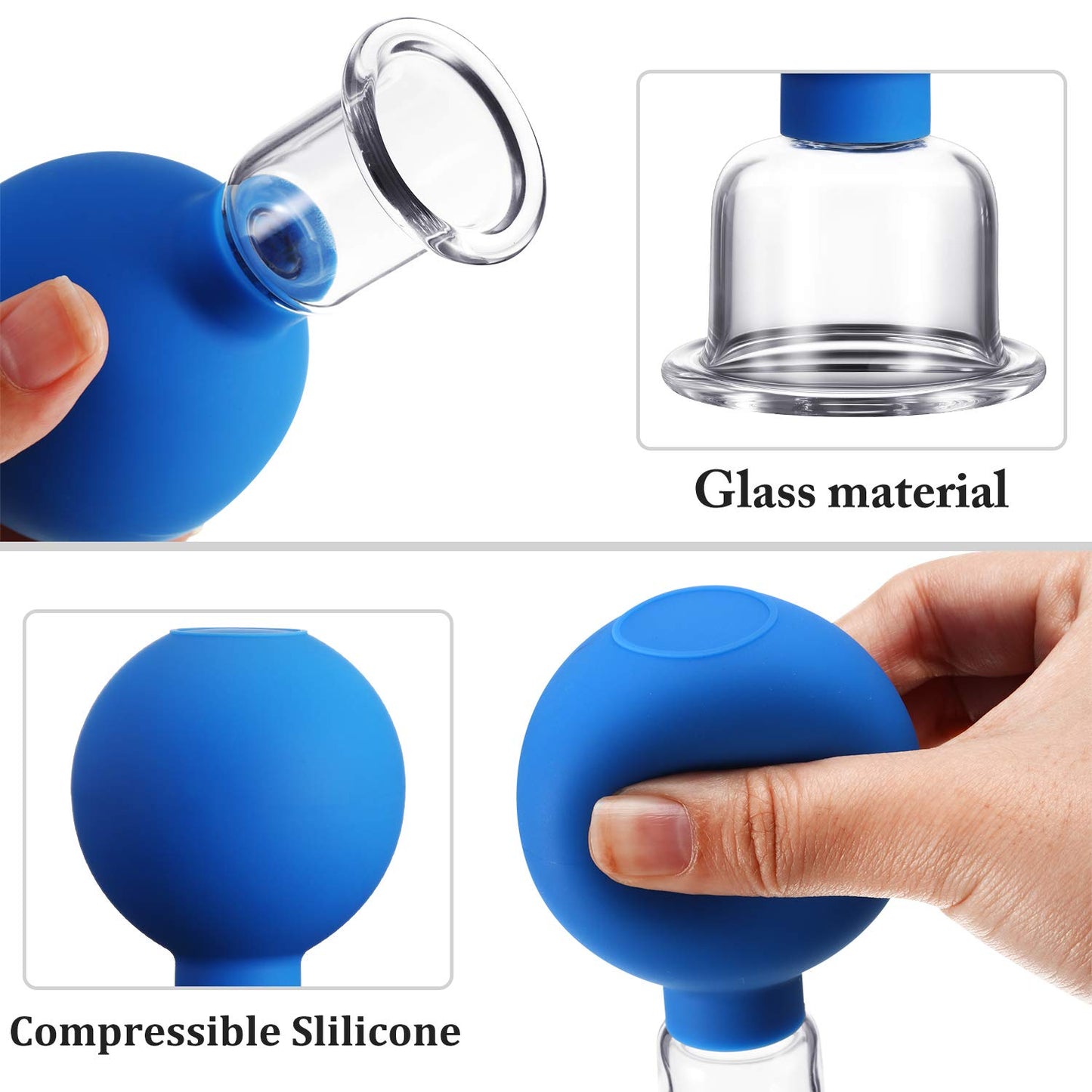 Nuanchu Facial Cupping Cup Blue Glass Face Cup Silicone Cupping Massage Vacuum Suction Mug for Body Face Leg Arm Back Shoulder Muscle and Joint Pain(0.35 Inch Diameter)
