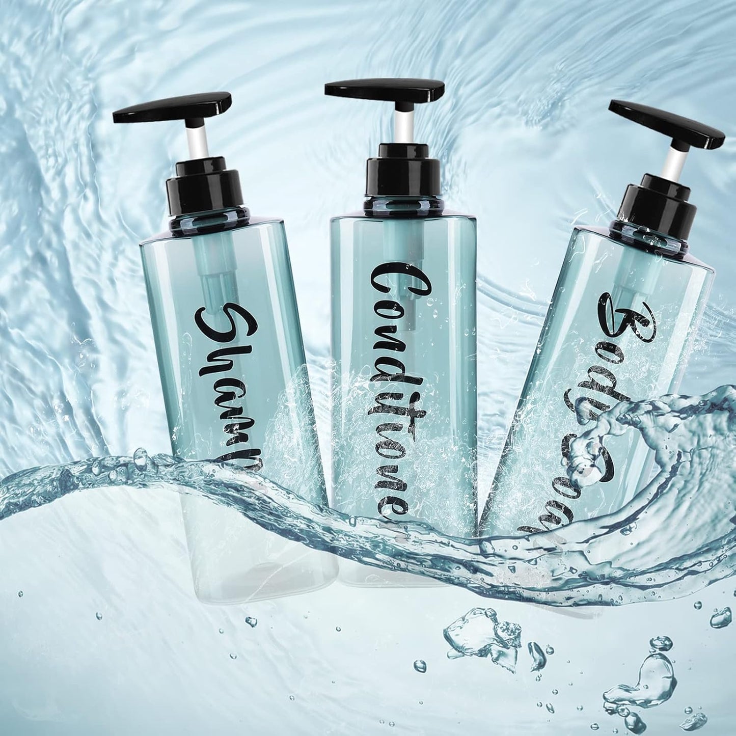 16.9oz Refillable Shower Soap Dispenser with Pump - 3 Chamber No Drill for Shampoo, Conditioner & Body Wash, Blue Clear Plastic Bottle Dispenser, Bathroom Organizer with 6 Waterproof Labels