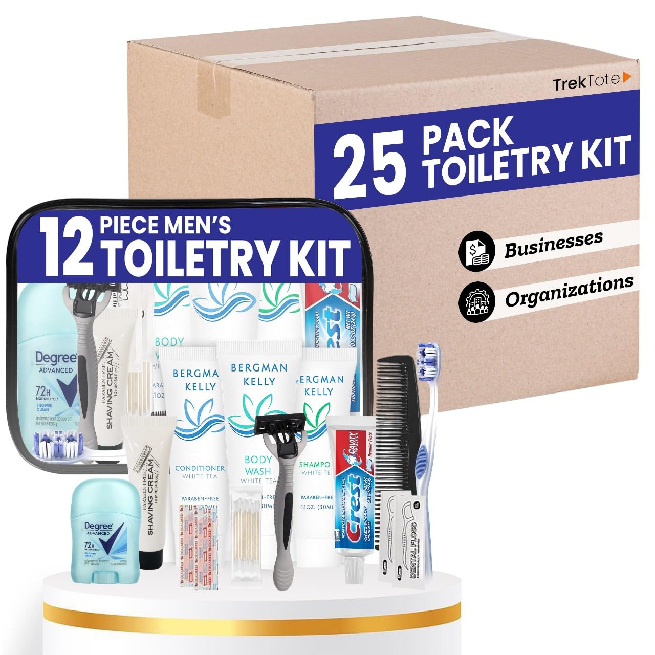 Trektote Bulk Hygiene Kit For Men – (25 Pack) 12 Piece Set Of Travel Size Toiletries, TSA Compliant, Bulk Travel Essentials, Includes Shampoo And Conditioner, Body Wash, Toiletry Bag & More