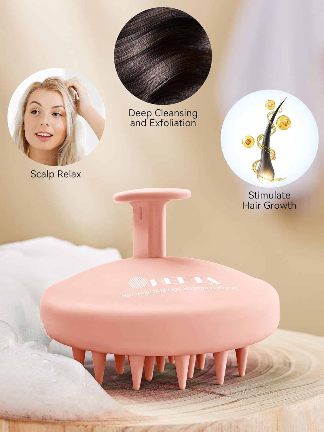 HEETA Scalp Massager Hair Growth, Scalp Scrubber with Soft Bristles, Integrated Silicone Design, Exfoliator for Dandruff Removal & Relaxation, Shampoo Brush Fit Wet Dry Hair Use, Light Pink