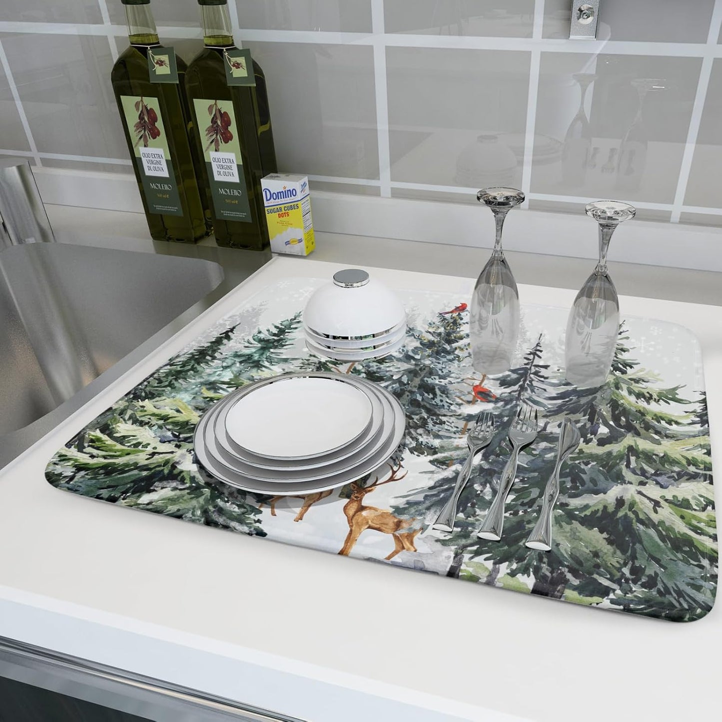 Pine Tree Dish Drying Mat for Kitchen Counter 18x24 Inch Forest Deer Absorbent Dishes Drainer Mats Reversible Microfiber Quick Dry Rack Pad