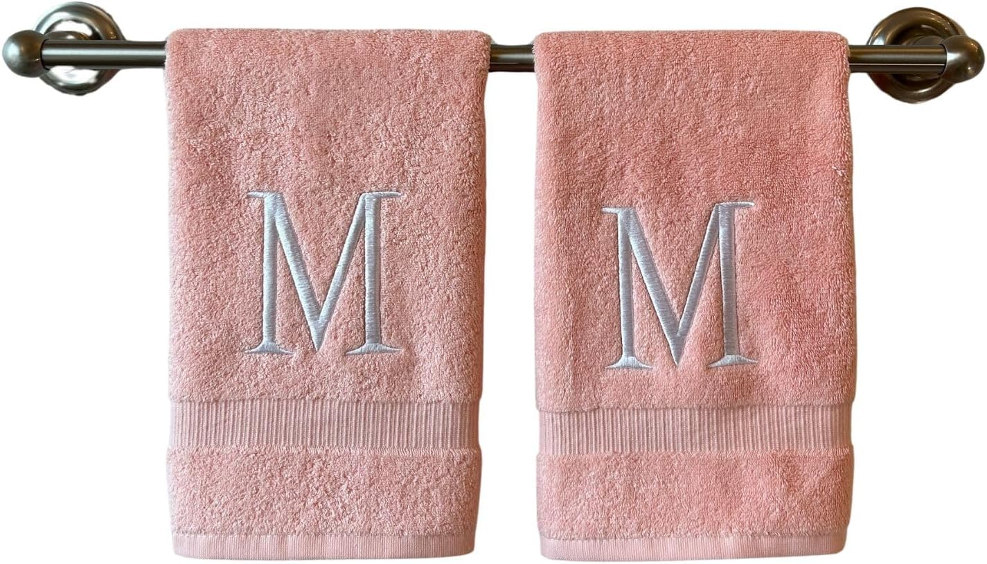 Pink Initial Hand Towel for Bathroom - Monogrammed Luxury Hotel Quality Decorative Embroidered Towel for Powder Room, Spa - GOTS Organic Certified - Set of 2 Letter M
