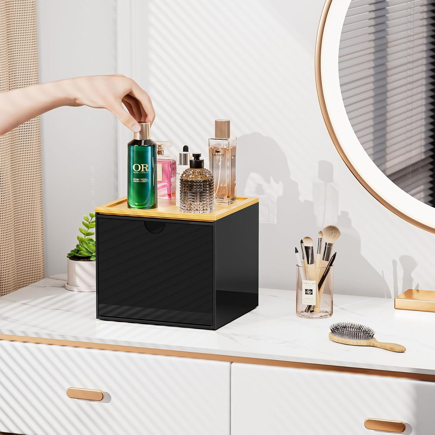 VITVITI Drawer Disposable Face Towel Holder Box, Acrylic Facial Towel Container for XL Clean Skin Club, Large Disposable Face Towels Storage with Bamboo Lid, for Bathroom, Vanity Makeup, Black