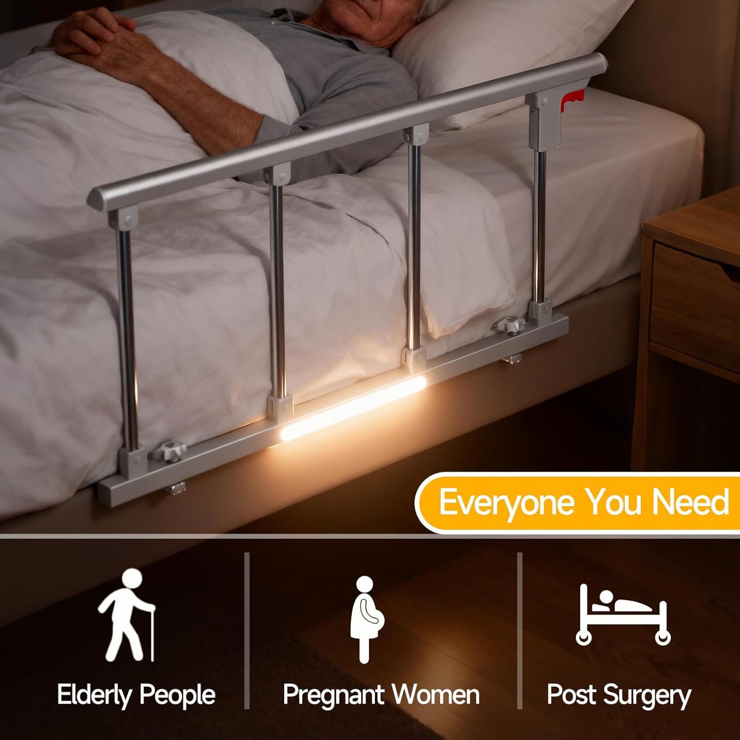 Bed Rails for Elderly Adults Safety, Folding Assist Handle with Motion Sensor Light, Fall Prevention Guard for Seniors & Surgery Patients, Fits Twin, Queen & King Beds, Tool-Free Assembly