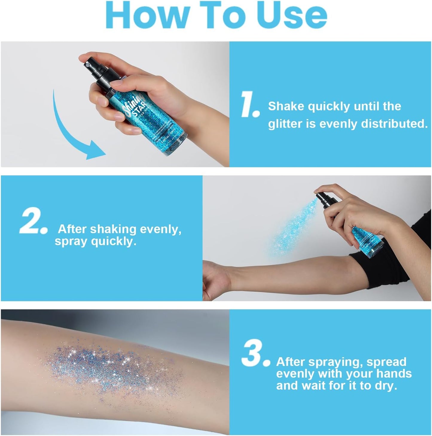 Body Glitter Spray & Glitter Hairspray - Ultra Shiny, Long - Lasting, Quick - Dry & Waterproof. Clog - Resistant Nozzle. Perfect for Parties, Dances and All Glamourous Occasions Bule