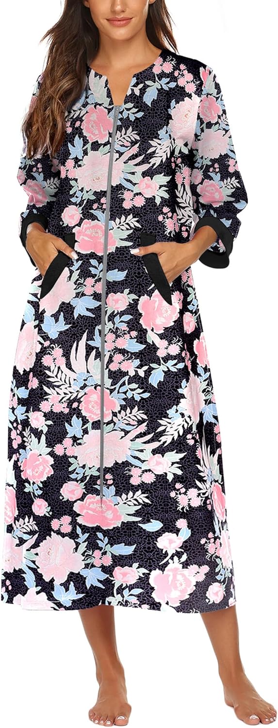 Ekouaer Women Zipper Robe 3/4 Sleeves Loungewear Dress Full Length Sleepwear Pockets Housecoat Nightgown Long Bathrobe