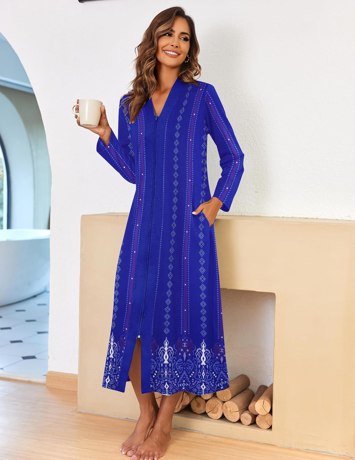 Ekouaer Women Zipper Robe Long Sleeve Loungewear Lightweight Housecoat Full Length Nightgown with Pockets