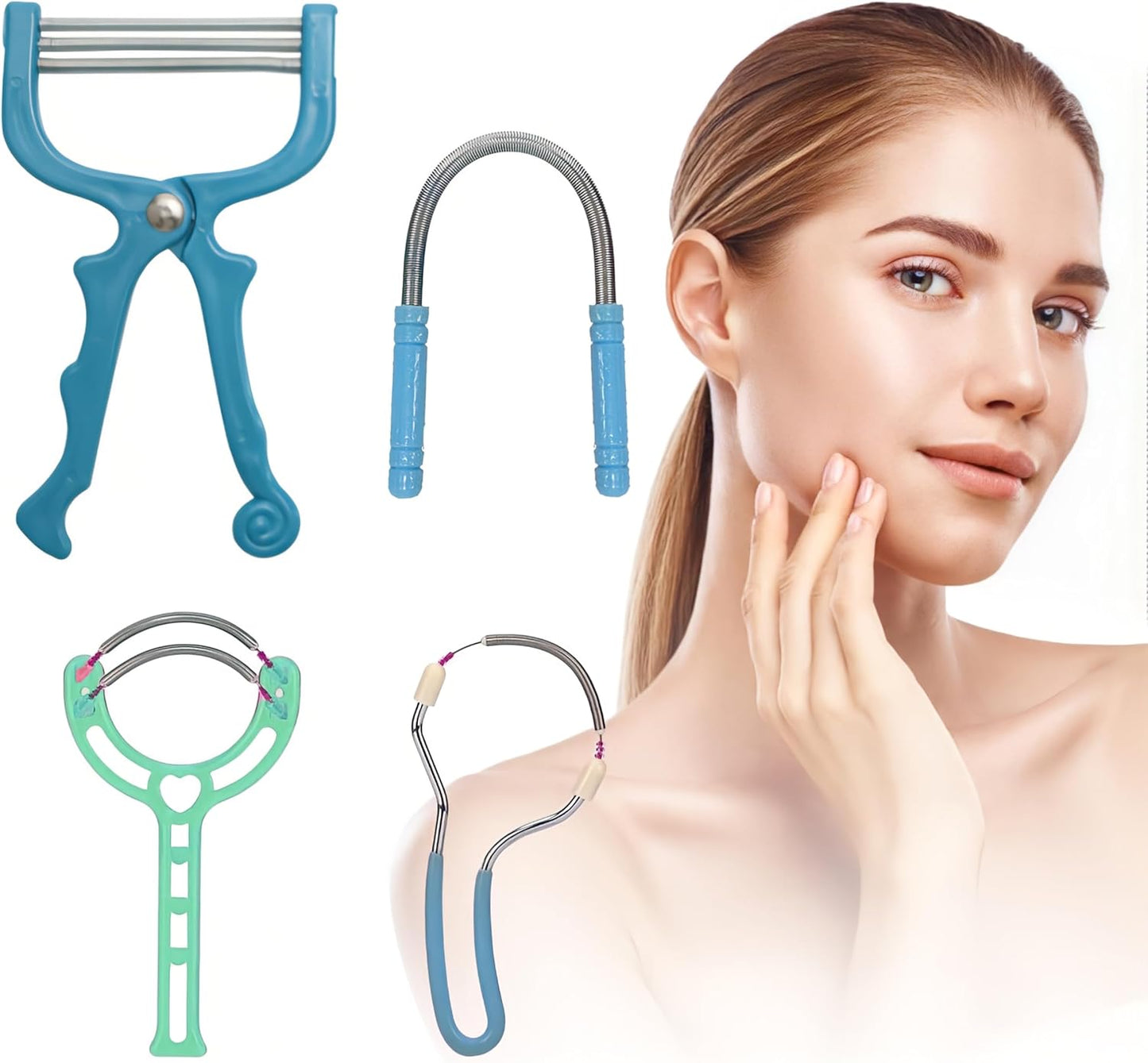 Spring Hair Remover - 4 Pack Stainless Steel Spring Epilator - Facial Hair Remover for Women Face, Chin Hair, Upper Lip Hair, Spring Facial Hair Remover for Women Mustache (Blue)