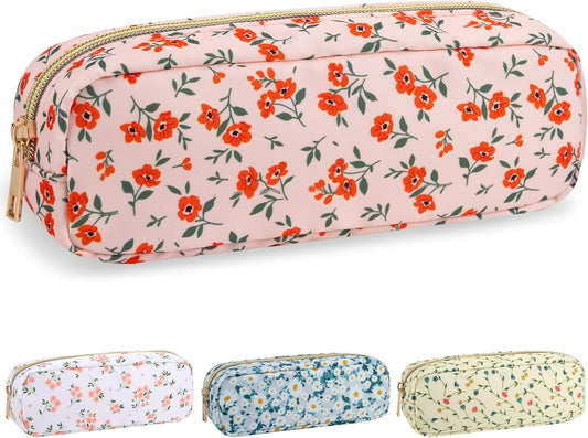 Nylon Small Floral Makeup Bag Slim Pouch, Preppy Cute Makeup Brush Bag Pink Makeup Bag Flower Cosmetic Zipper Pouch for Purse, Waterproof Travel Toiletry Bag Make Up Organizer for Women(Pink-Floral)