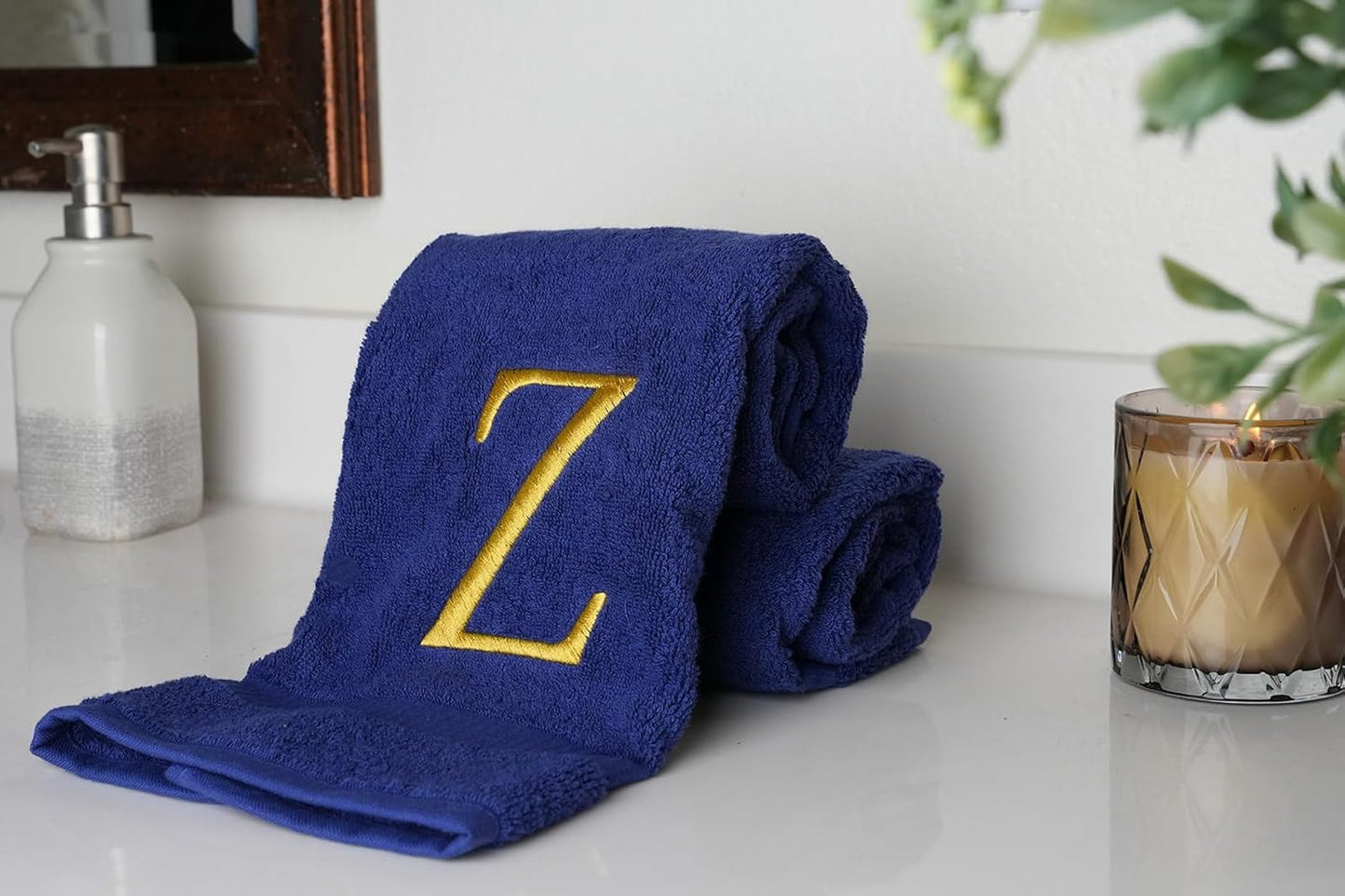 Navy Monogram Hand Towel for Bathroom - Monogrammed Initial Hotel Quality Decorative Embroidered Luxury Towel for Powder Room, Spa - GOTS Organic Certified - Set of 2 Letter Gold Z