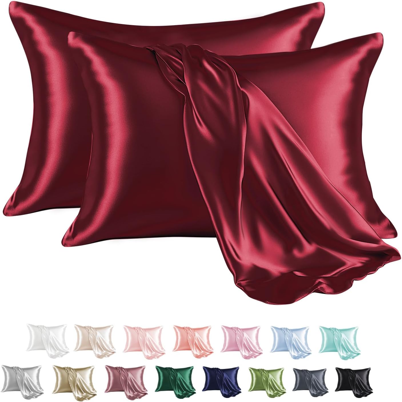 MR&HM Satin Pillowcase for Hair and Skin, Silk Satin Pillowcase 2 Pack, Standard Size Pillow Cases Set of 2, Silky Pillow Cover with Envelope Closure (20x26, Burgundy)