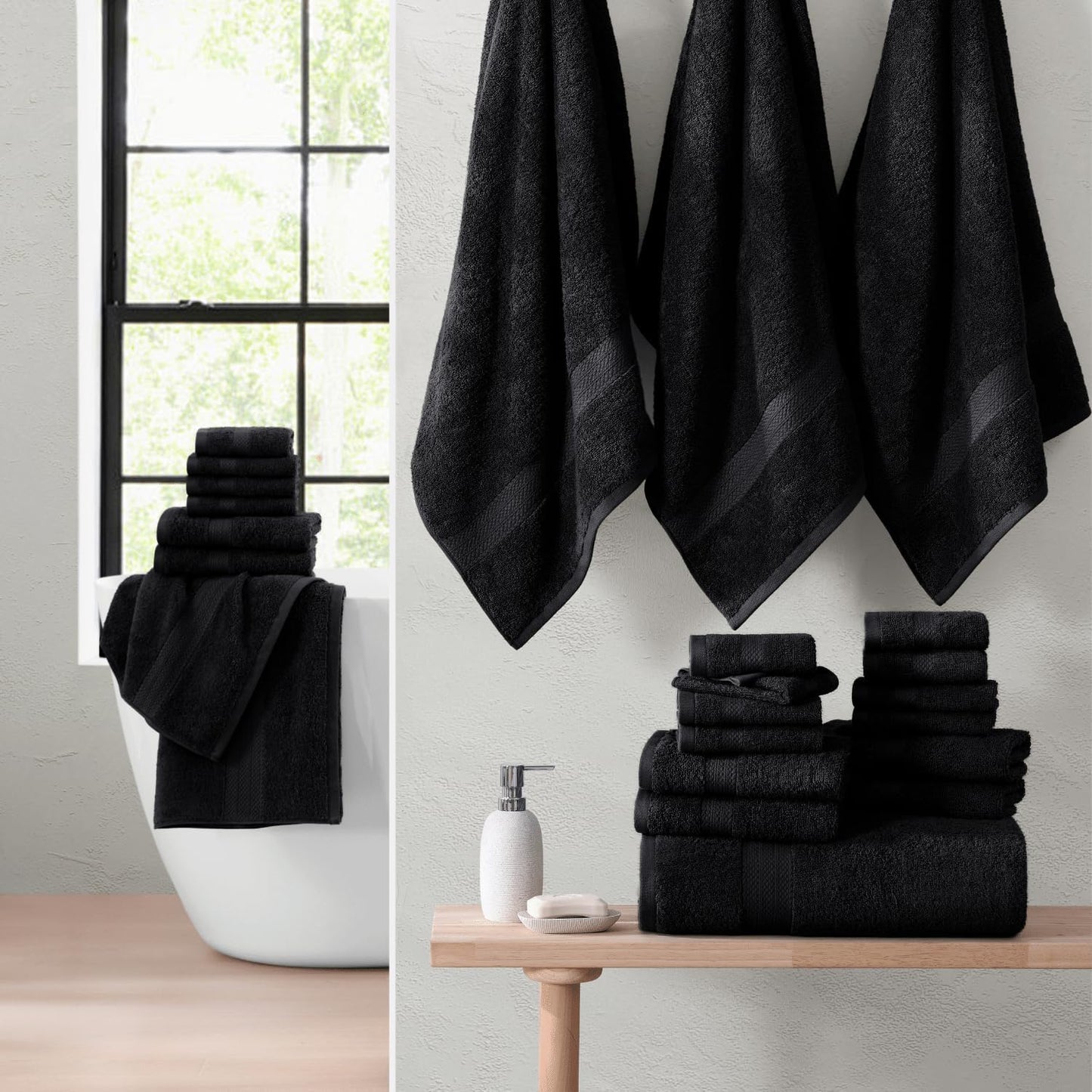 LANE LINEN 100% Cotton Bathroom Towel Set - 24 Pcs, Hotel Quality - Super Soft & Highly Absorbent - Ring Spun - 2 Bath Sheets, 4 Fingertip, 4 Bath, 6 Hand Towels, 8 Washcloths - Family Pack - Black