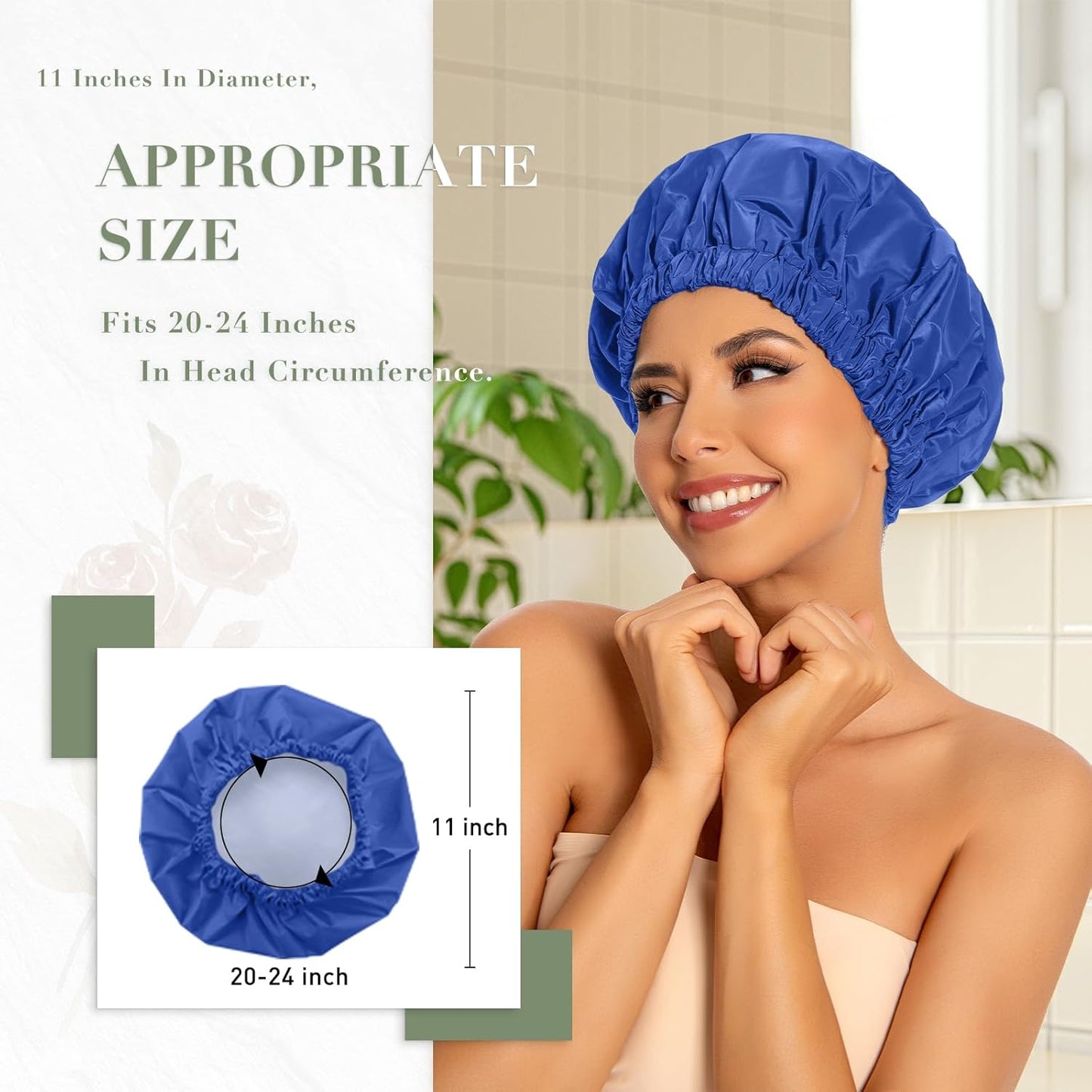 Reusable Shower Cap for Women, Large Waterproof Shower Essentials Bonnet Washable Elastic Band Bath Hair Wrap Hat for Long Hair, Braids(Dark Blue)
