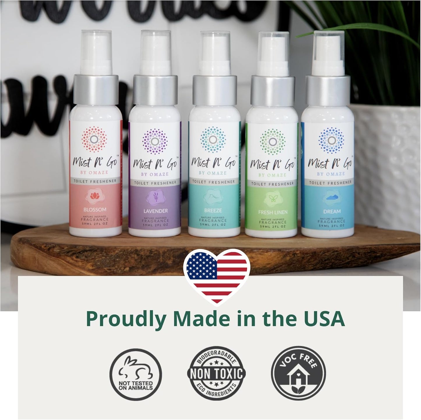 Mist N’ Go by Omaze Travel Bathroom Spray for Toilet Spray Odor Eliminator - Travel Toilet Spray for Bathroom Air Freshener Spray for Bathroom Deodorizer - Blossom Regular Size (2oz x5)