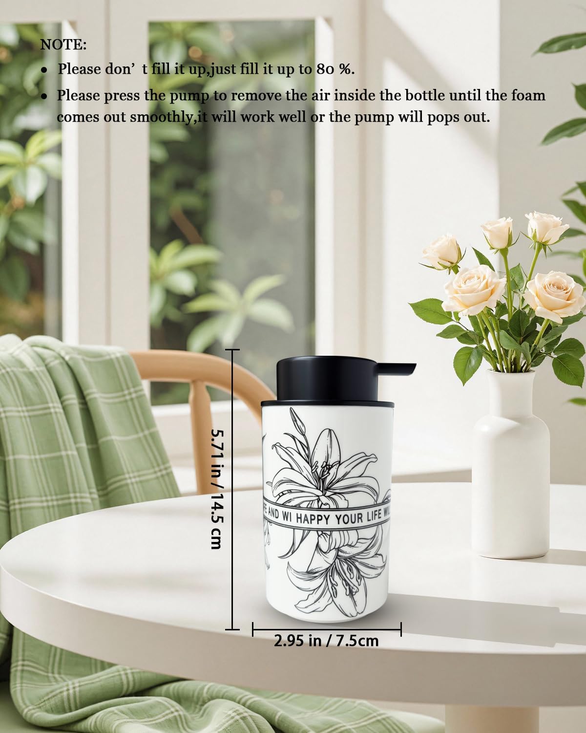 Ceramic White Foam Soap Dispenser for Bathroom & Kitchen,Lily Pattern Hand Sanitizer Bottle,Chic Home Deco (Foam)