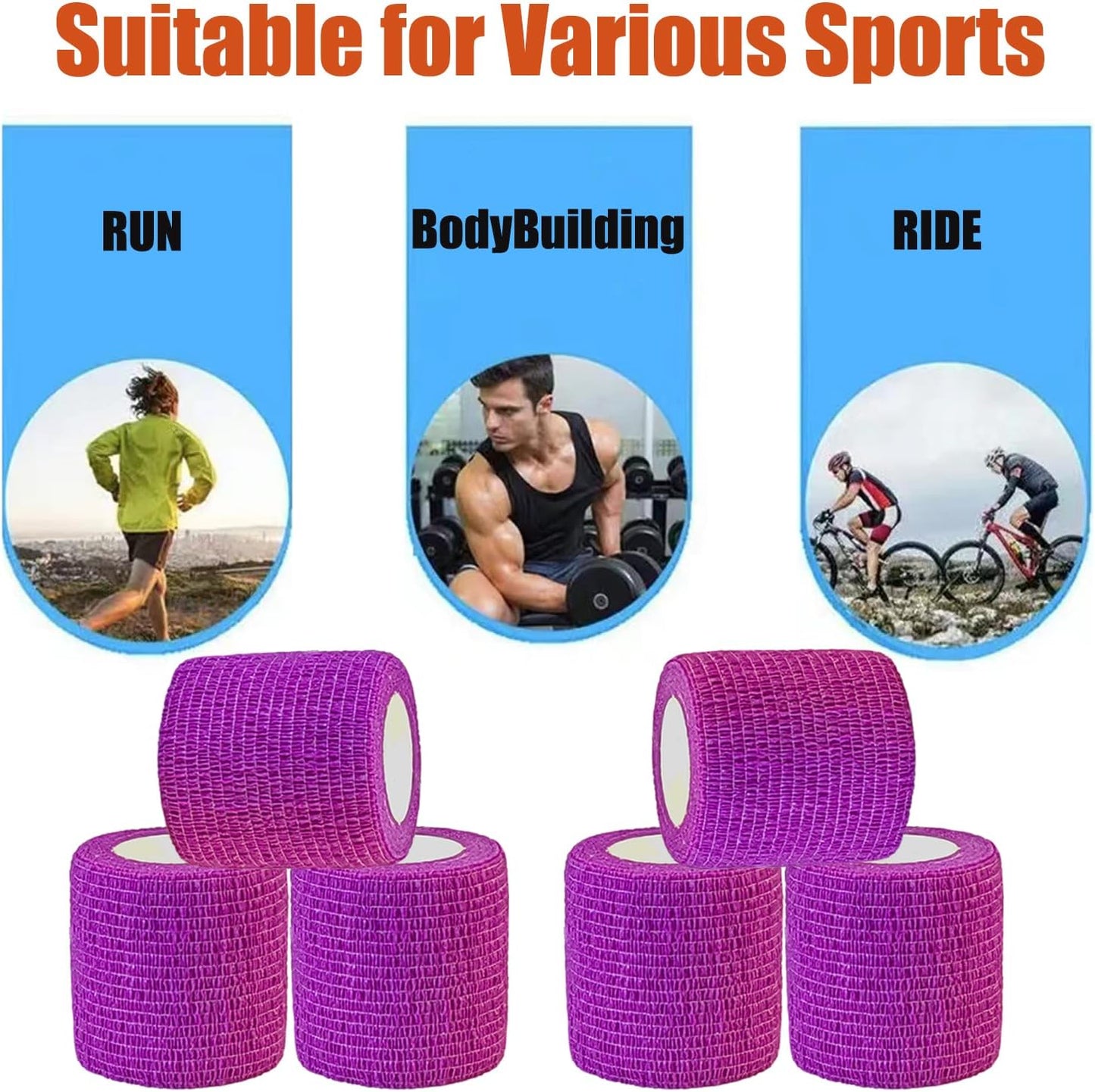 Hysiwen 6 Pack 2" x 5 Yards Self Adhesive Bandage Breathable Cohesive Wrap Self Adherent Vet Tape Self Stick Bandage Wrap for Sports, Athletic, Wrist, Ankle(Purple)