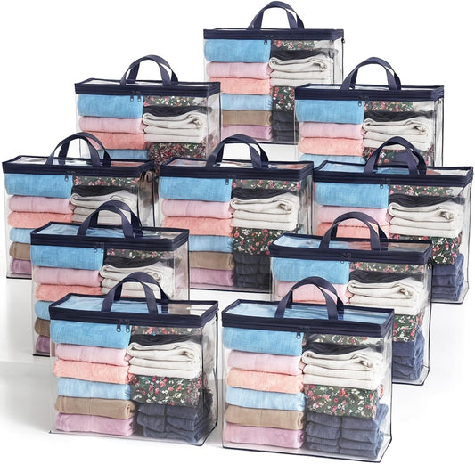 10 Pack Clear Storage Bags for Clothes, 22L Blanket Storage Bags, Under Bed Storage, Closet Organizers Bag, Upgraded Version Two-Way Zippers Design(Navy Blue)