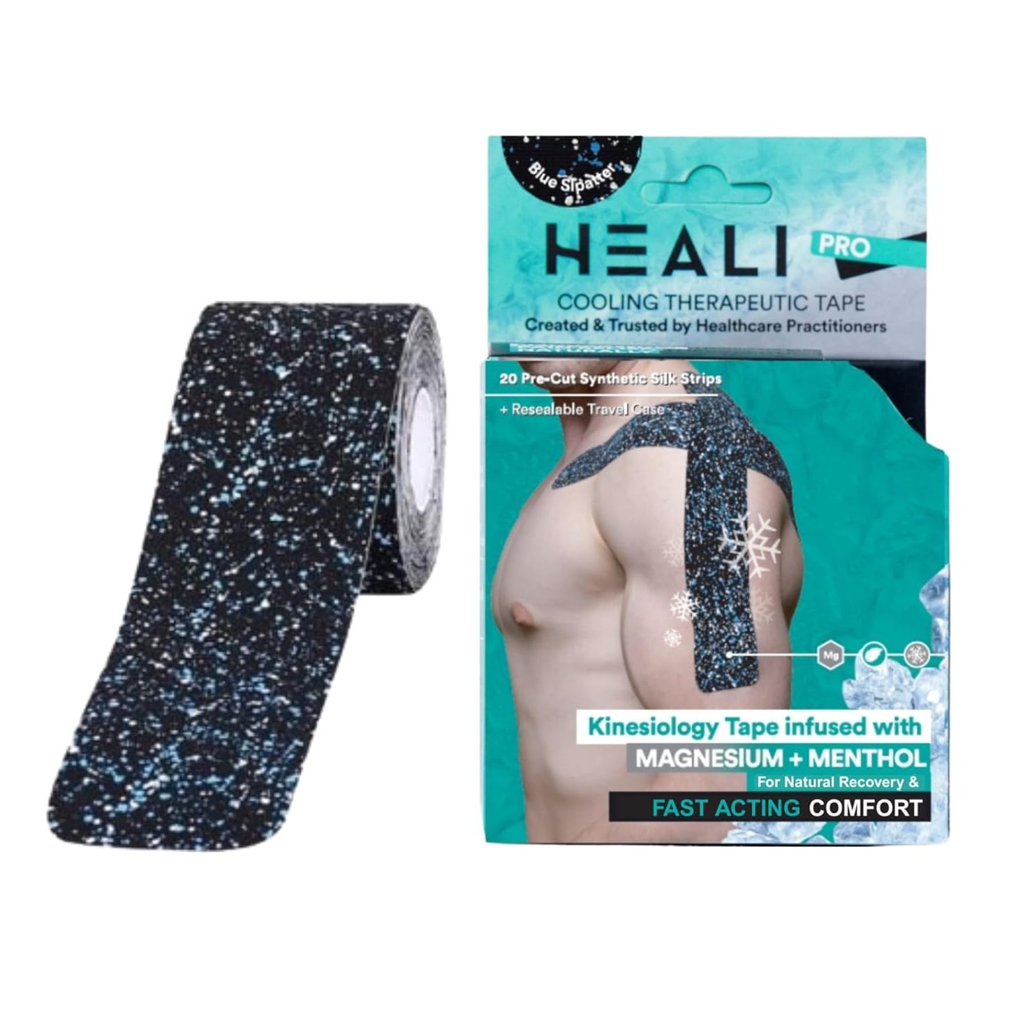 Heali Kinesiology Tape with Magnesium and Menthol, 20 Pcs Precut Strips, K Tape Roll, Knees, for Physical Therapy, Sports, Muscles and Joints, Water Resistant, Blue Splatter