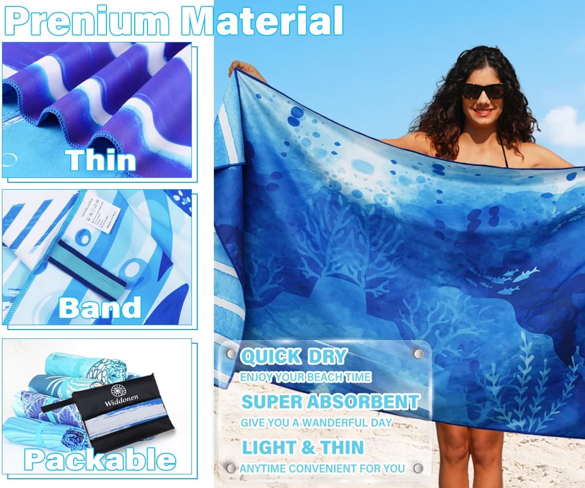 2 Pack Lightweight Thin Microfiber Beach Towel Sand Free Quick Dry Absorbent Compact Soft Pool Swim Travel Towels Extra Large Oversized Beach Accessories packable Essentials Stuff Gifts for Adult