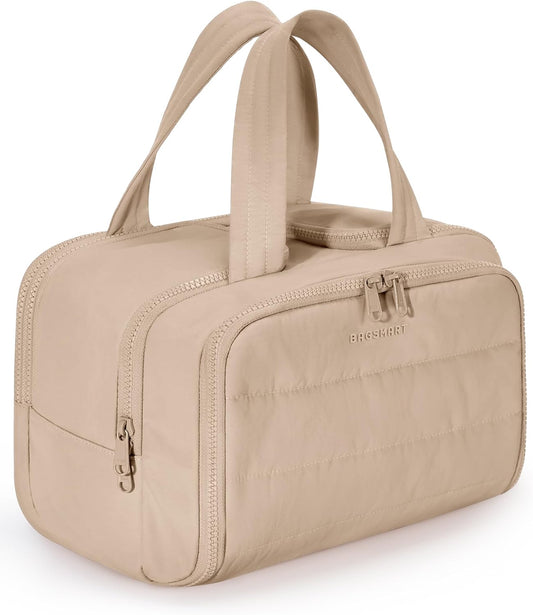 BAGSMART Travel Toiletry Bag, Puffy Toiletry Bag for Women, Wide-open toiletry bags for traveling, Large Travel Cosmetic Makeup Bag Organizer for Accessories,Toiletrie (Khaki)