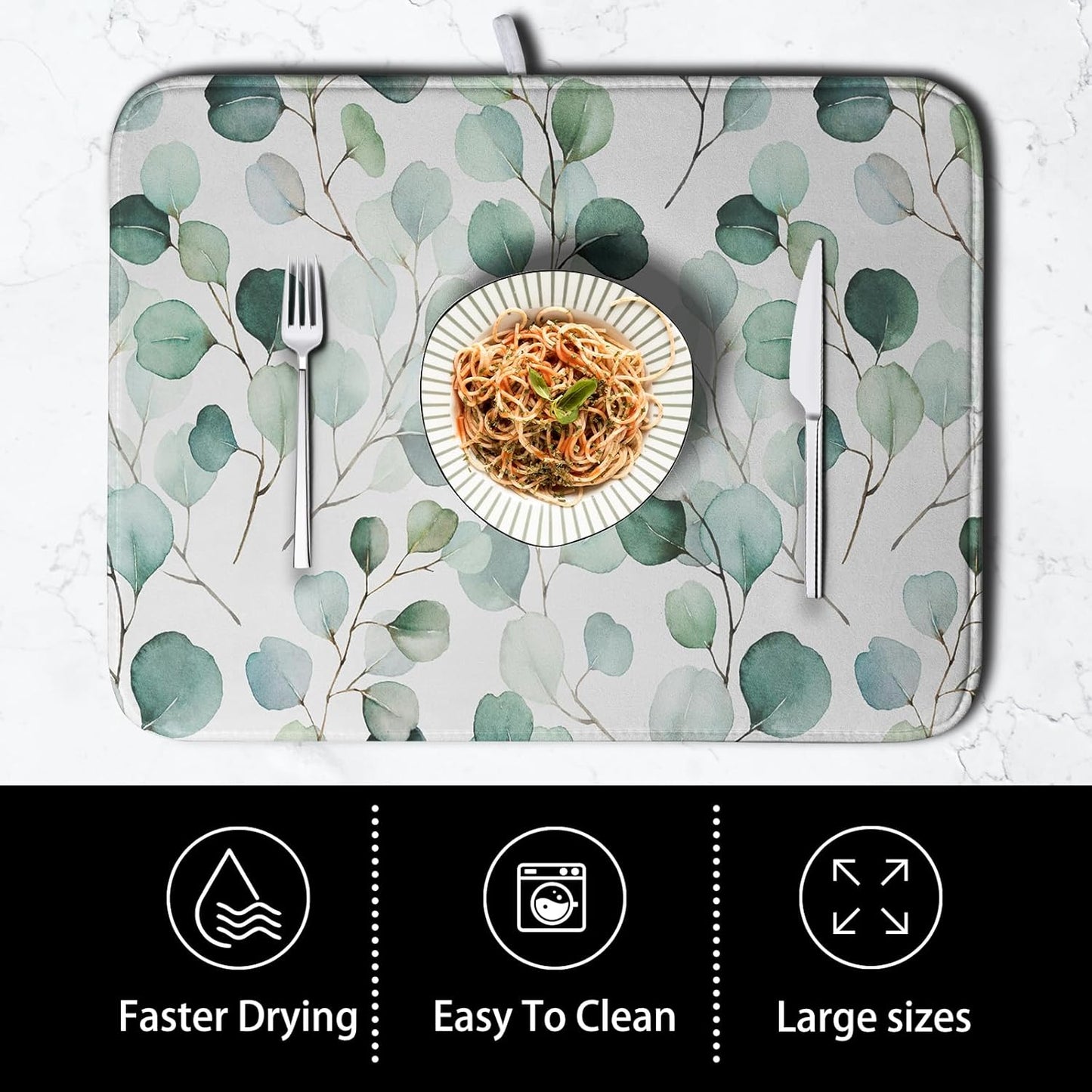 Green Leaves Dish Drying Mat Eucalyptus Leaf Branch Plant Drying Mats Absorbent Reversible Microfiber Kitchen Counter Mat Reusable Washable Dishes Drainer Mats Extra Large 18x24 Inch