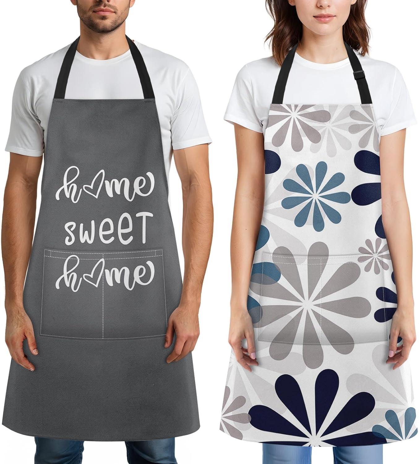 2 Pack Aprons, Home Sweet Blue Grey Adjustable Bib Aprons with 2 Pockets for Women Men Couple Lovers Chef Kitchen Cooking Baking Gardening Geometric Flowers Daisy Apron 32x28 Inches