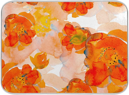 Dish Drying Mat for Kitchen Counter 18 x 16 Inch Corn Poppy Orange Flower Microfiber Dish Mat Drying Pad Absorbent Dishes Pad Dish Drainer Rack Mats