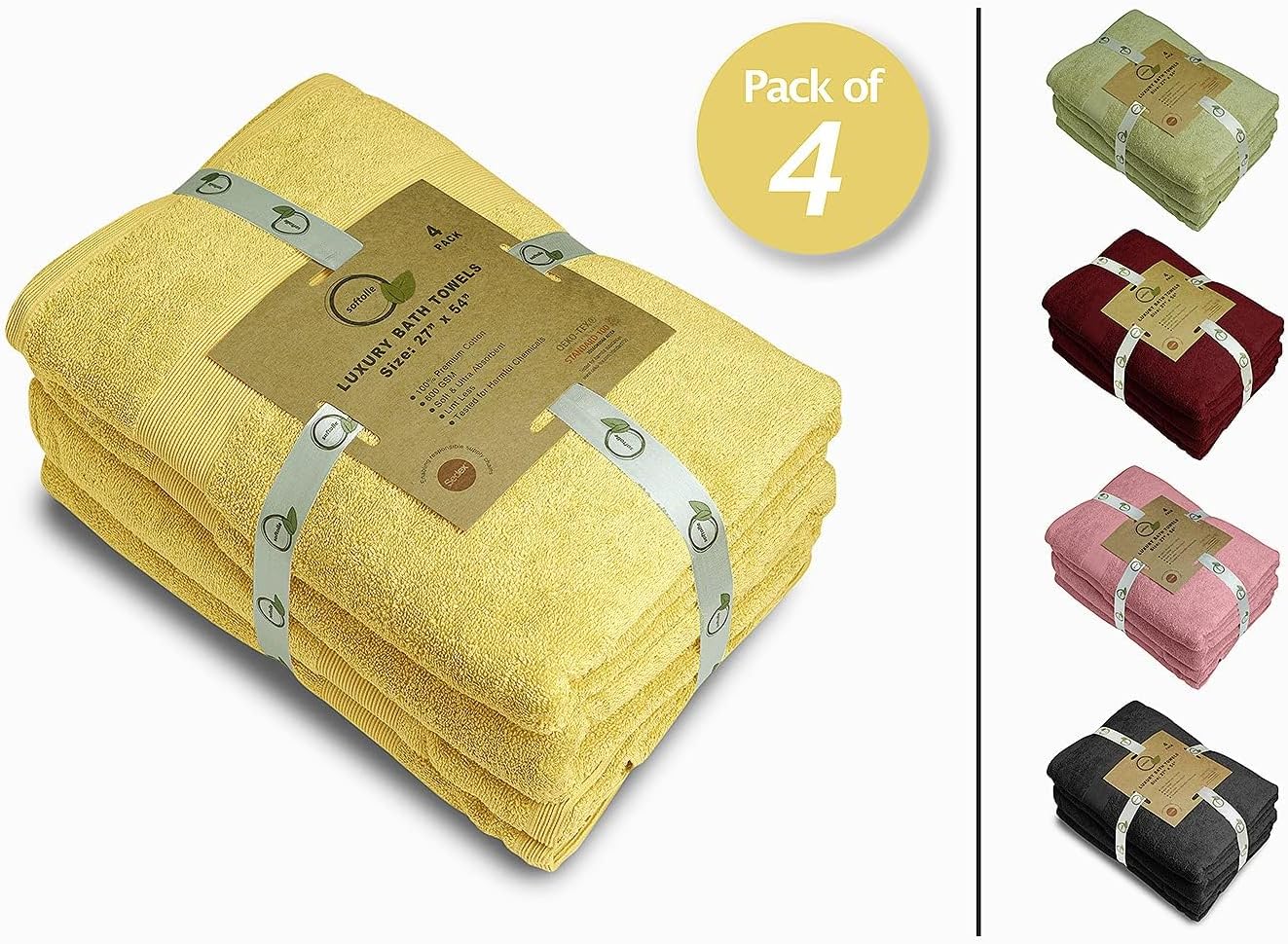 Softolle Luxury Bath Towels Set of 4 (27” x 54”) | Towels for Bathroom | Super Soft | Highly Absorbent Towels for Home, Spa, Gym (Yellow)