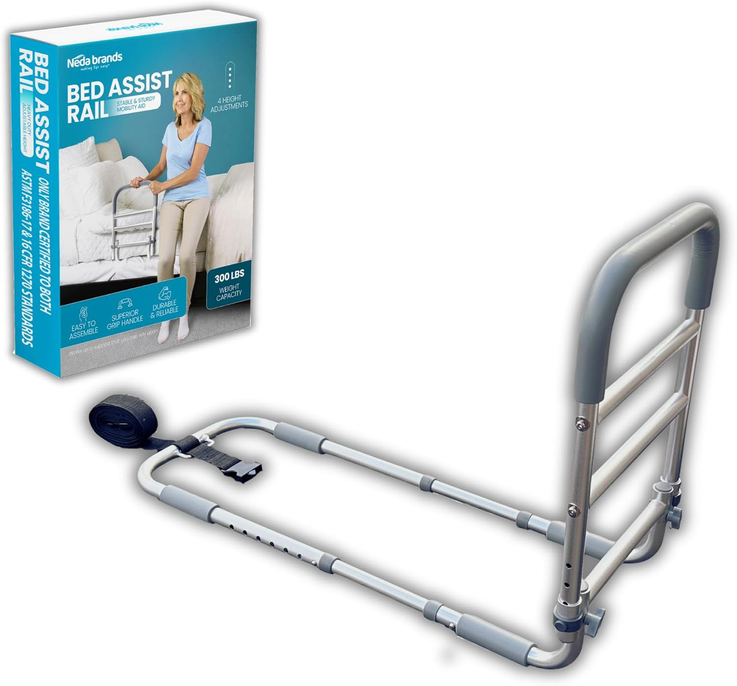 NEDA Adjustable Bed Rails for Elderly Adults – Medical Bed Assist Handle, Safety Support Rail for Seniors, Bedside Rail for All Bed Sizes ASTM F3186-17 & 16 CFR 1270 CPSC Certified