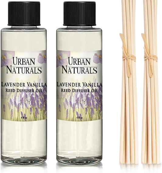 Urban Naturals Lavender Vanilla Scented Oil Reed Diffuser Refill and Reed Sticks – Lavender Blossom, Creamy Vanilla, White Woods and Sugared Musk, 4 oz (2 Pack)
