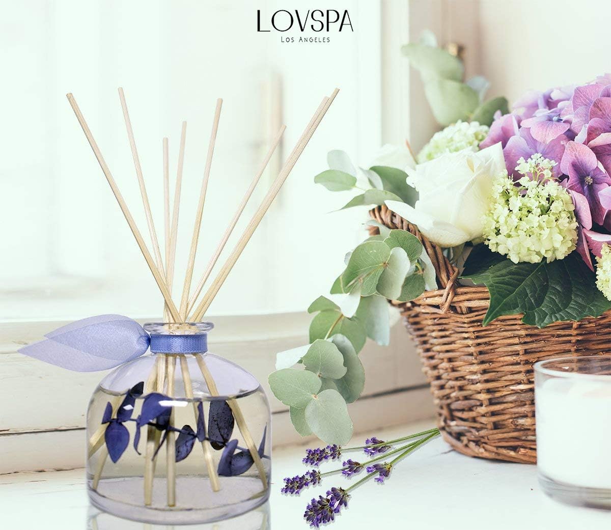 LOVSPA Reed Diffuser Set, DE-Stress Lavender Eucalyptus Scented Oil Diffuser with Sticks, Home Fragrance Accessories for Bathroom Shelf Decor, Aroma Diffusers for Home or Office Desk, USA Made