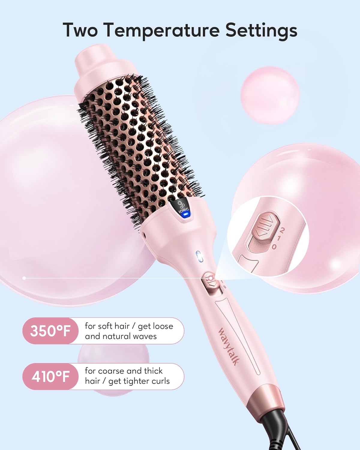 Wavytalk Thermal Brush, Blowout Express 1.5 Inch Negative Ion Thermal Round Brush Creates Blowout Look Makes Hair Shinier & Smoother, Dual Voltage, Easy to Use (Pink)