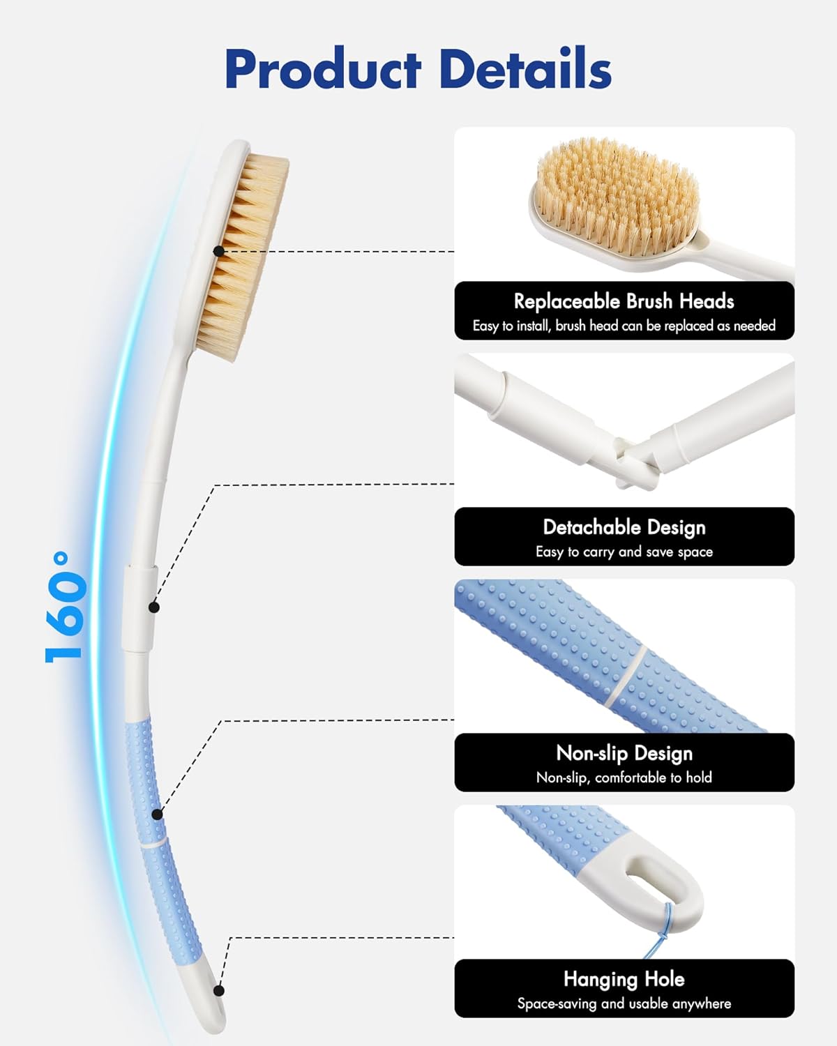 Rafow Ergonomic Back Scrubber for Shower - Anti Slip Long Handle Bath Brush with Stiff and Soft Bristles - Showering Exfoliator Wet or Dry Brushing for Women, Men, Elderly (Curved Handle Blue)