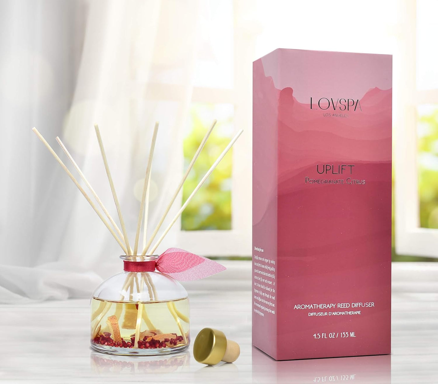 LOVSPA Reed Diffuser Set, Uplift Pomegranate Citrus Scented Oil Diffuser with Sticks, Home Fragrance Accessories for Bathroom Shelf Decor, Aroma Diffusers for Home or Office Desk, USA Made