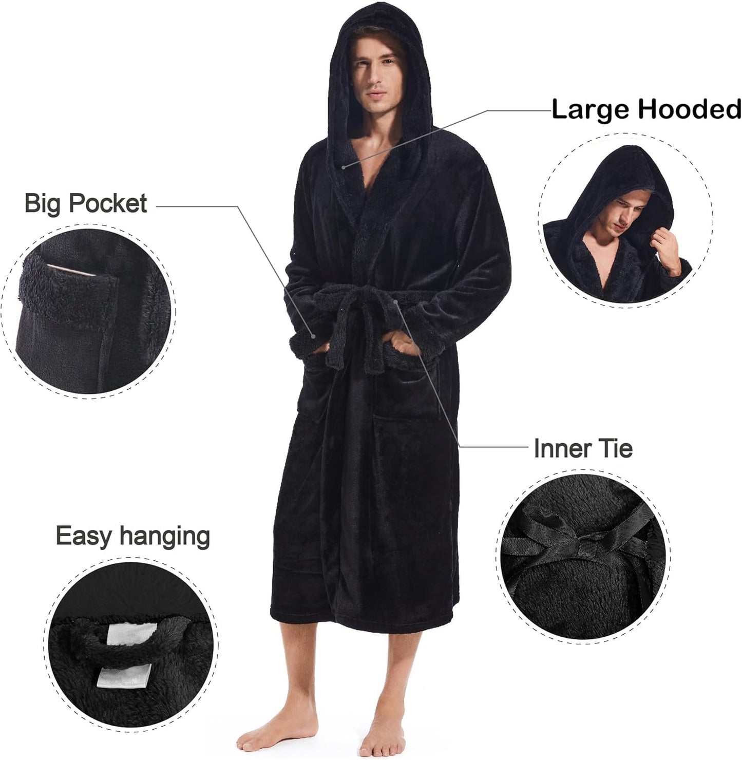 Inner Wish Mens Hooded Robe, Plush Long Bath robes Cozy Warm Bathrobe Fuzzy male Spa Robe With Pockets