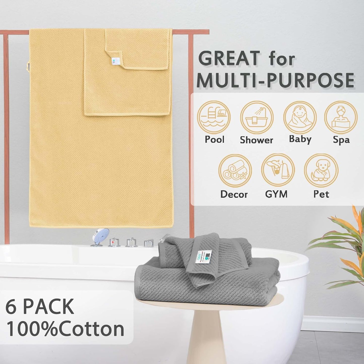 VOOVA & MOVAS Towels for Bathroom, Bath Towels with Hanging Loop - 100% Cotton | Soft | Quick Dry | Thick, Towel Set of 6, 2 Large Bath 30"x56", 2 Hand 18"x28", 2 Washcloths 13"x13", Grey and Yellow