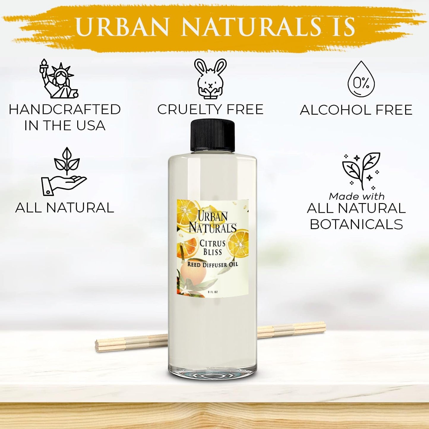 Urban Naturals Reed Diffuser Oil Refill Citrus Bliss with Mandarin, Grapefruit, Lemon Water, Clementine, Green Notes 8 oz + Free Reed Sticks, Made in The USA